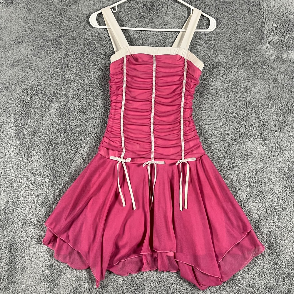 IZ Byer California Mini Party Dress Womens 14 Pink Ruched Handkerchief Hem Y2K